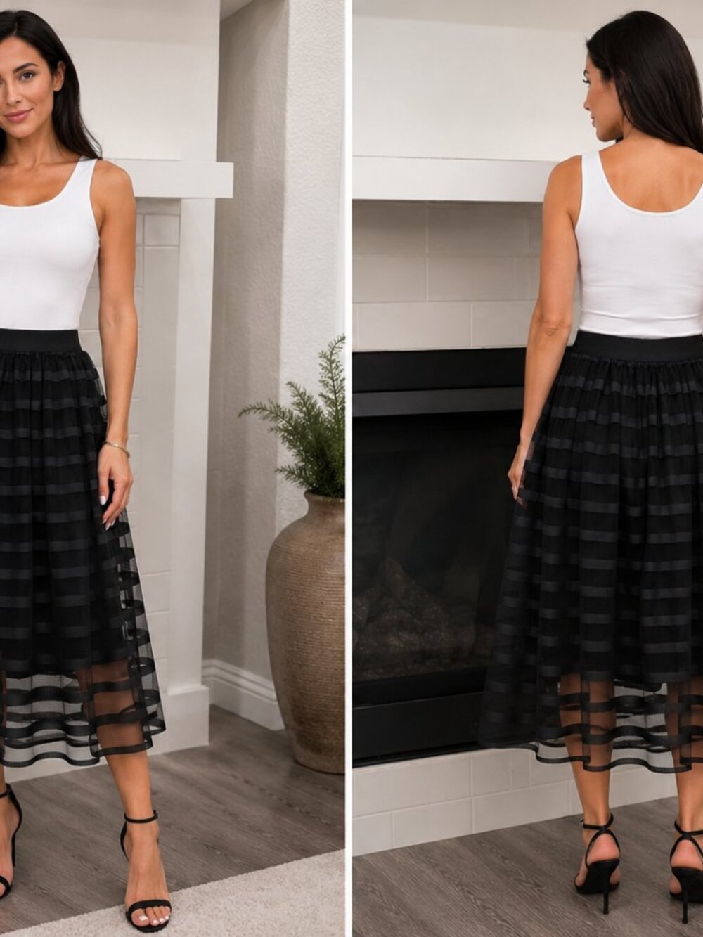 MettaLavor Black Sheer Striped Tulle Midi Skirt